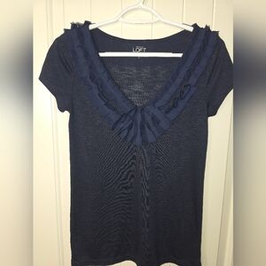 LOFT Deep Navy Blue Ruffle Accent V Neck Soft Sleeve Tee Small